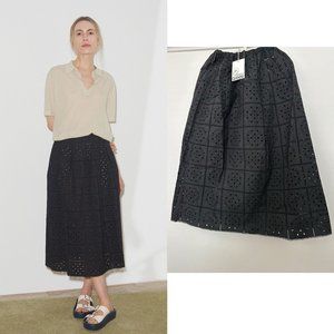 NWT GANNI Broderie Cutout Anglaise Black Cotton A-Line Midi Skirt F7807